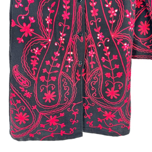 Metrostyle Wool Embroidered Sequence Long Coat Women's M Black Red Hippie Boho - Picture 6 of 11